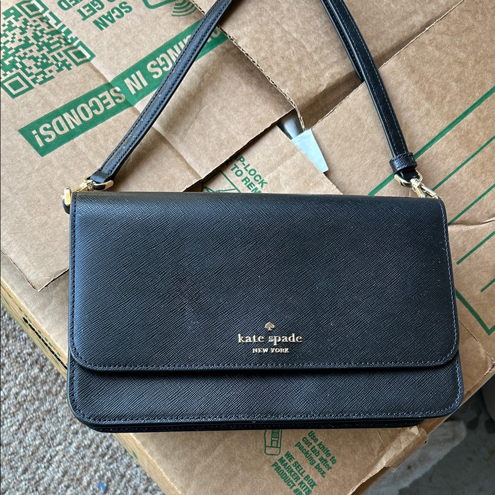 kate spade Black Saffiano Leather Crossbody with Gold Logo